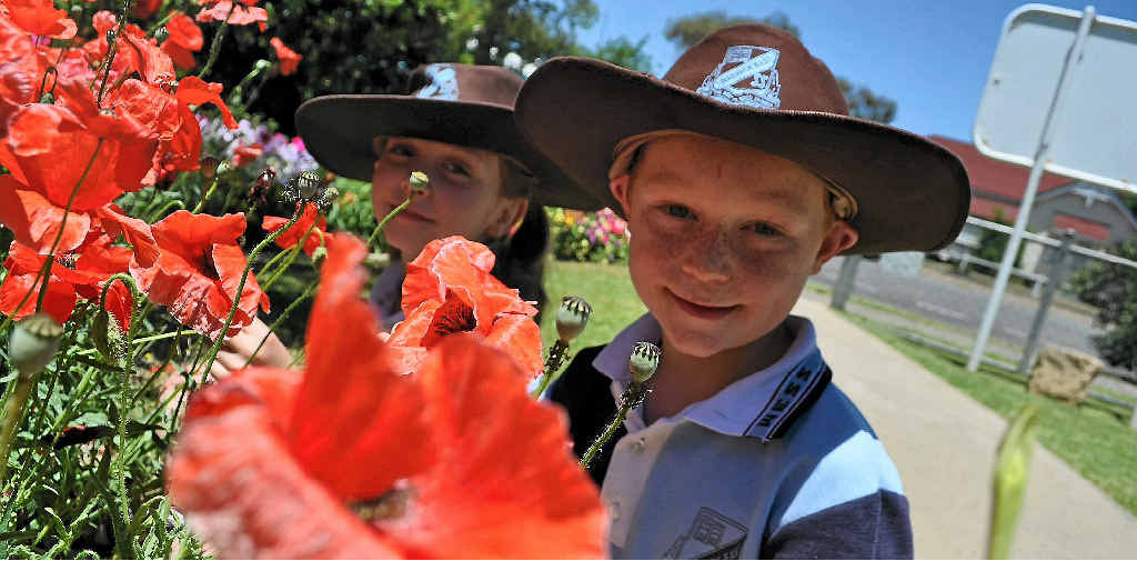 Grace McIlroy and Kaleb Driscoll stop and smell the poppies ahead of Remembrance Day. 